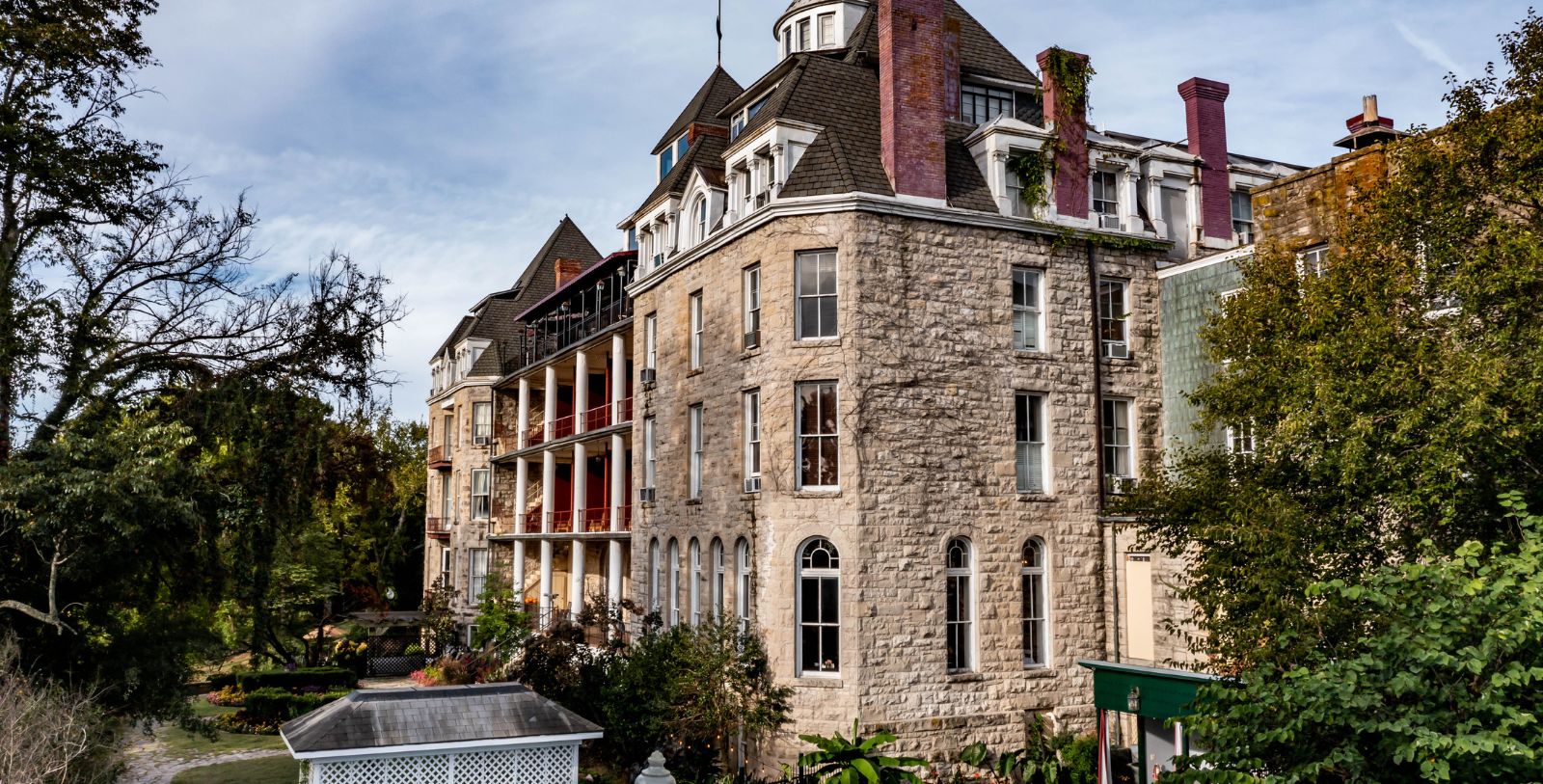 a large stone building with many windows