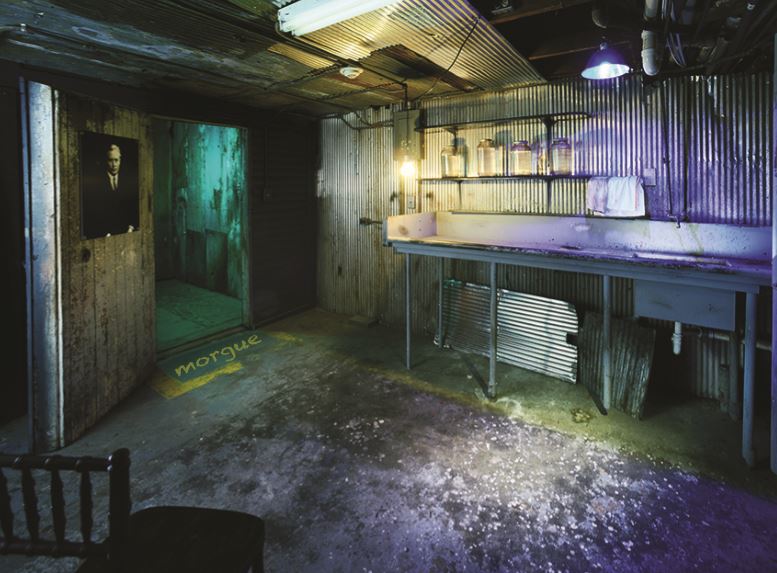 a room with a table and a door