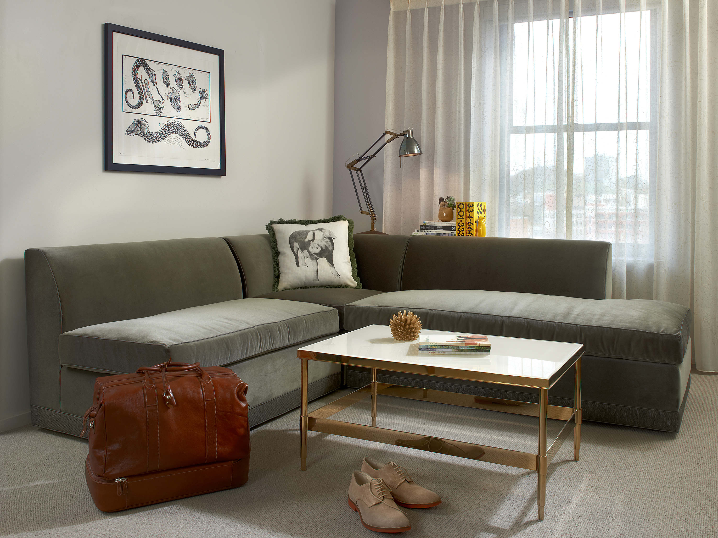 a living room with a couch and a coffee table