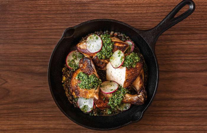 a pan of food on a table