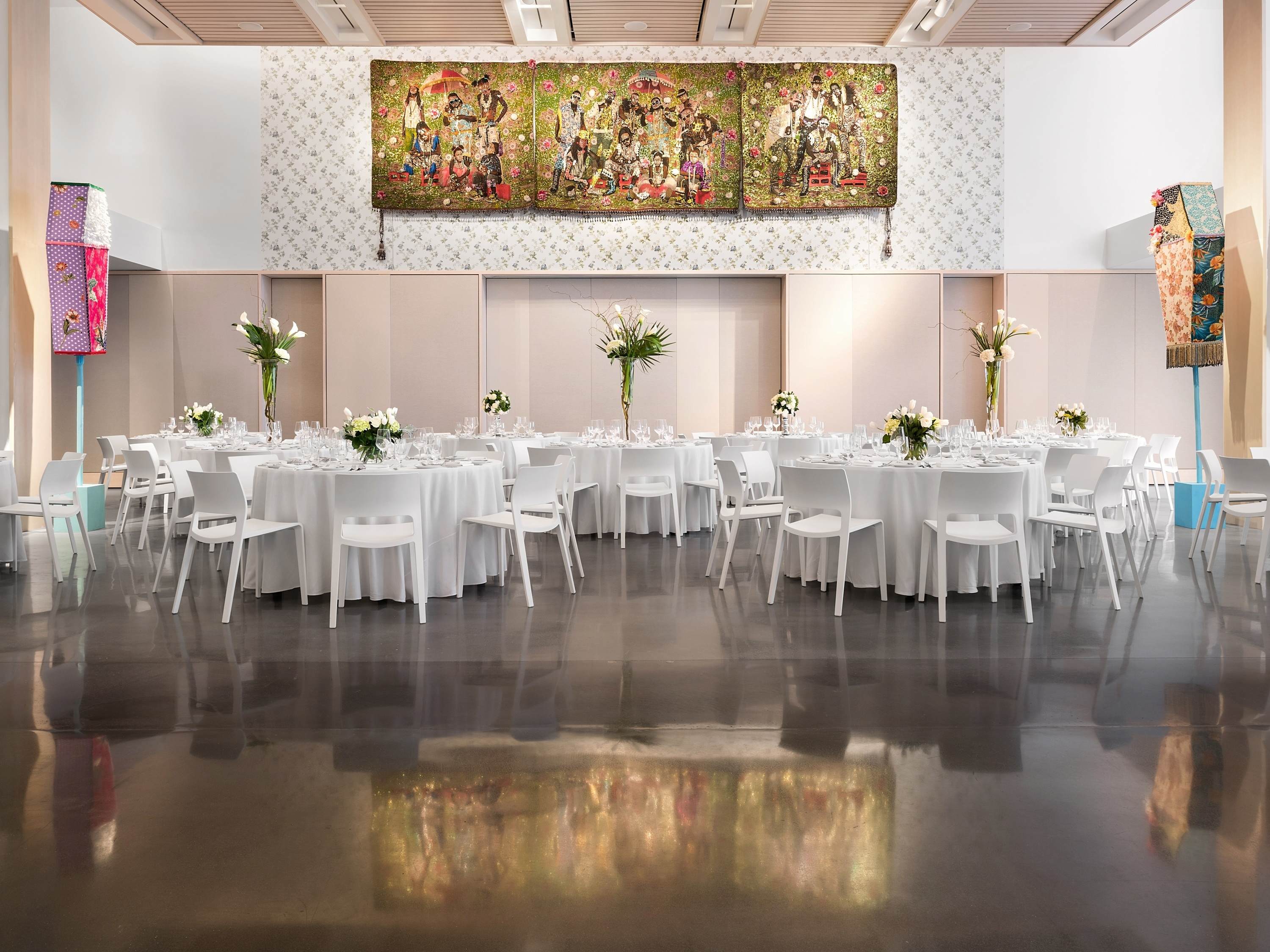 a room with tables and chairs