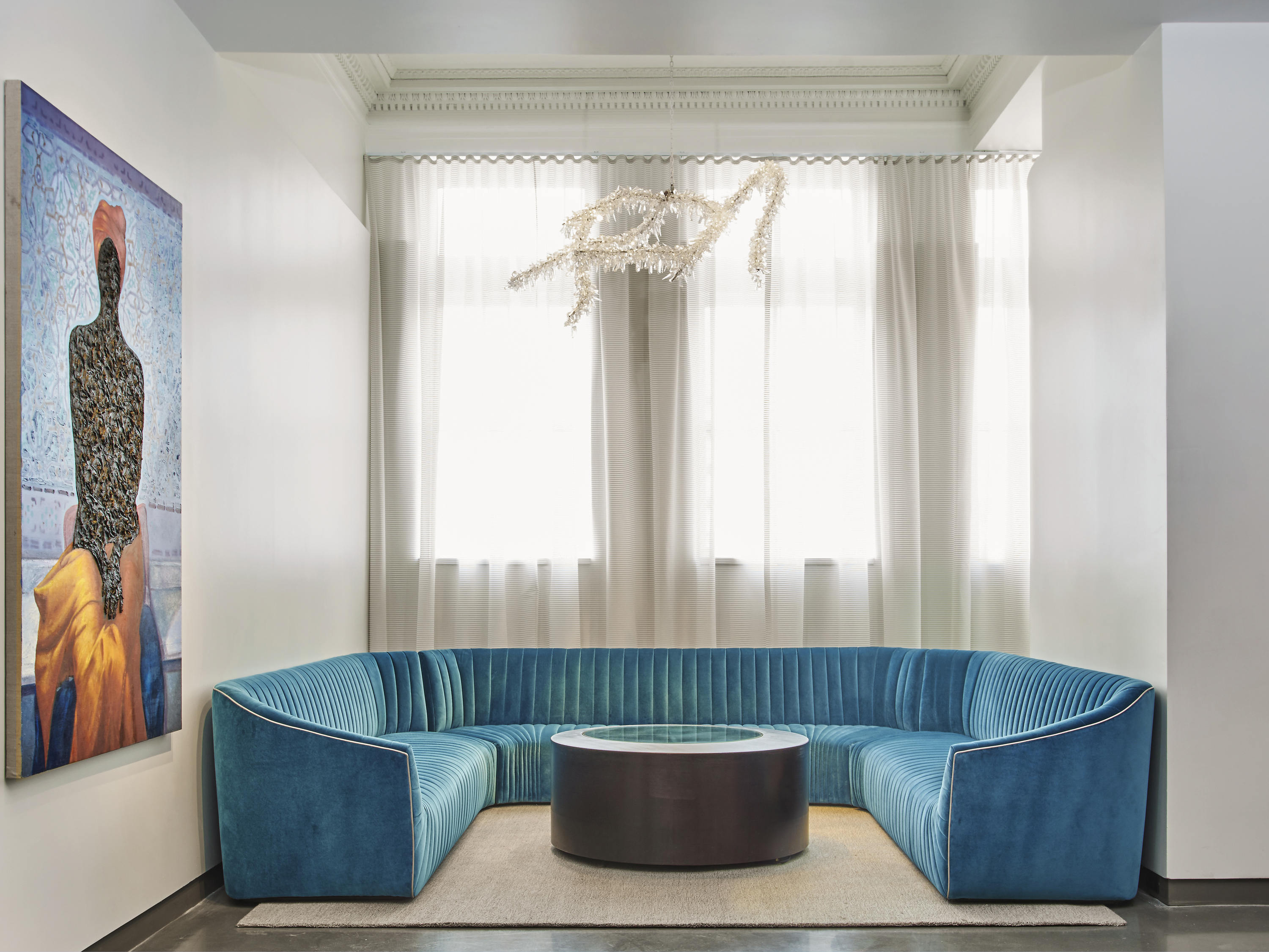 a blue couch in a room