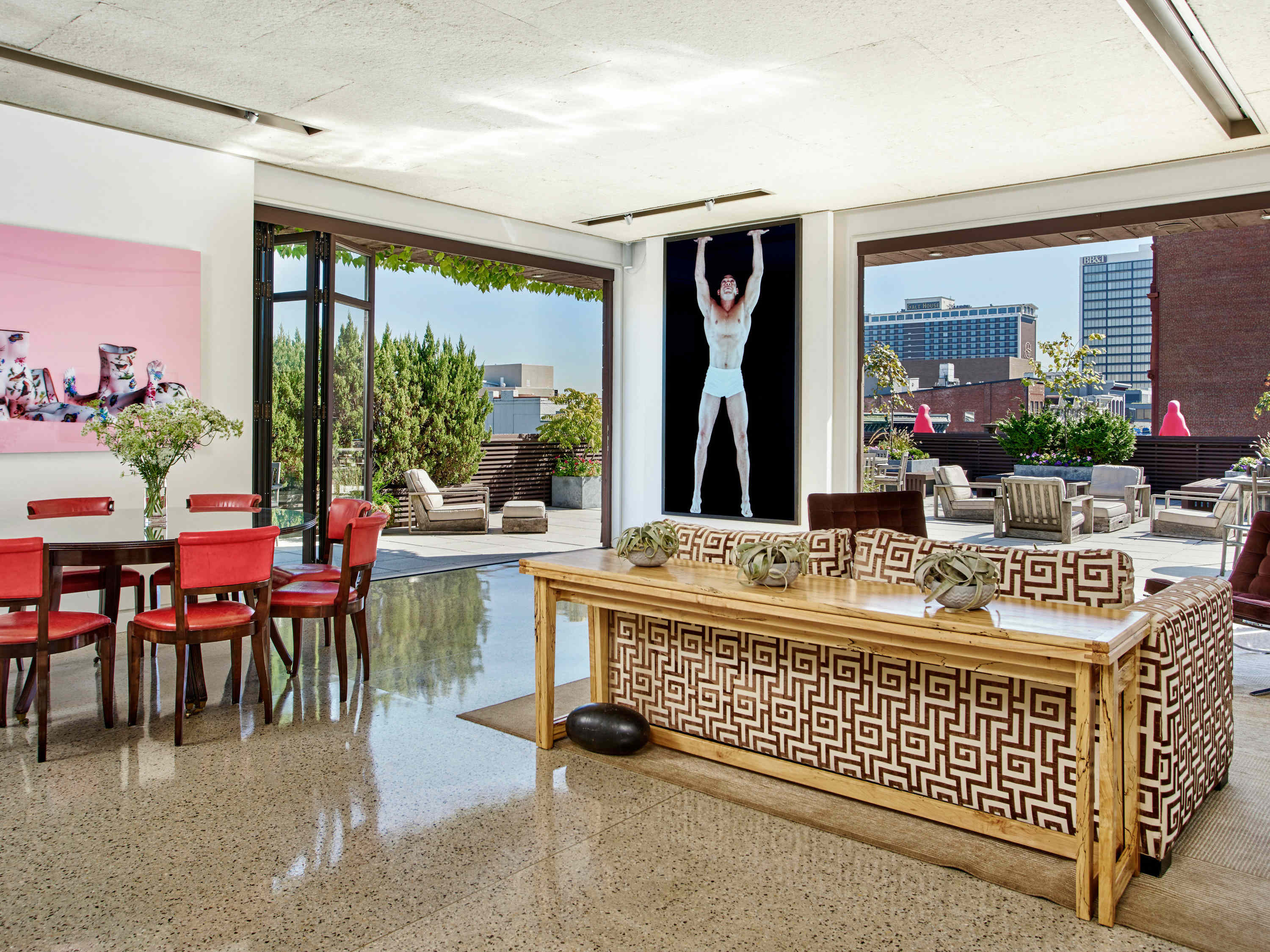 a room with a table and chairs