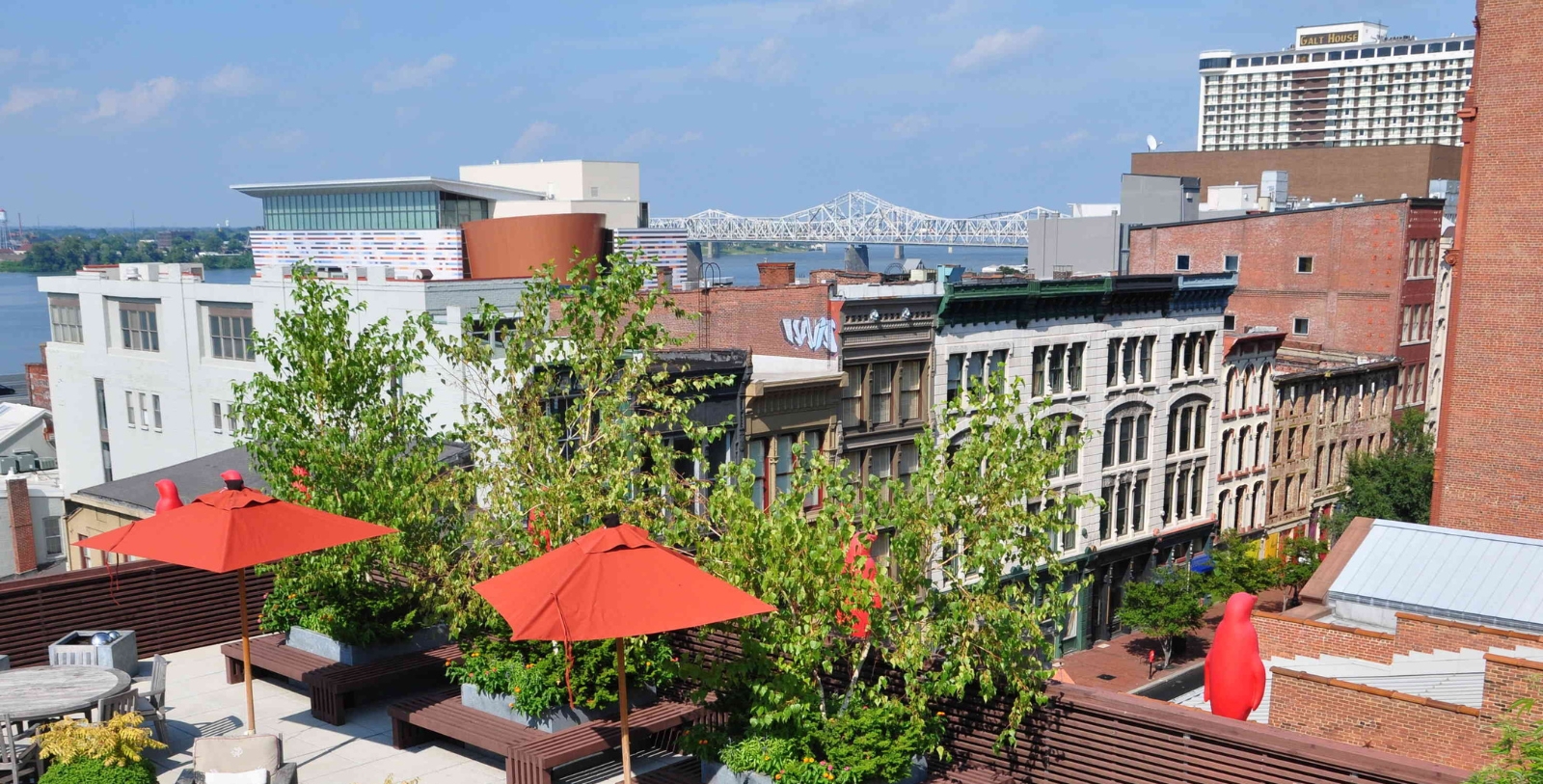 a rooftop view of a city with trees and umbrellas