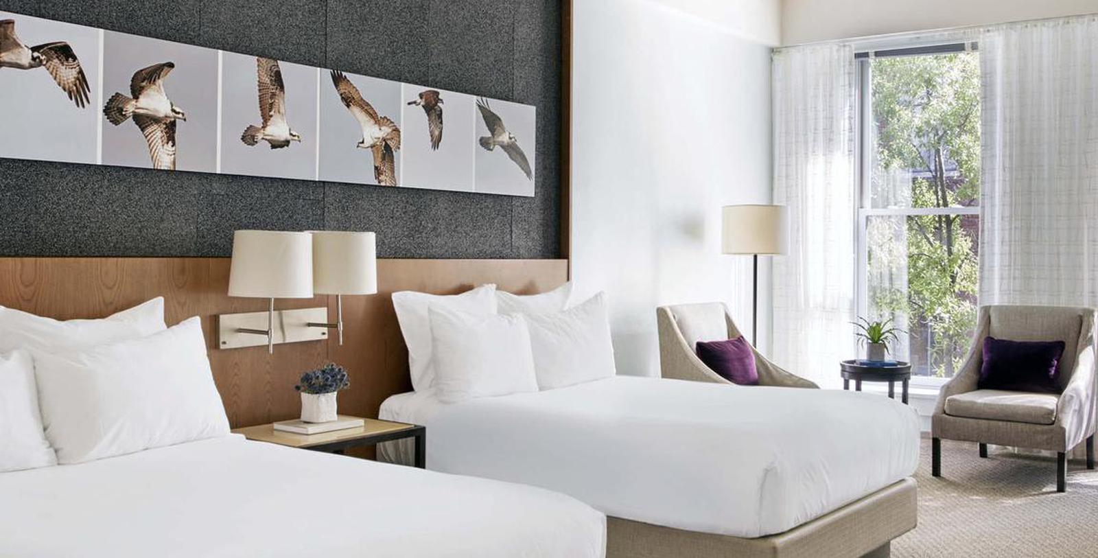a room with two beds and a picture of birds