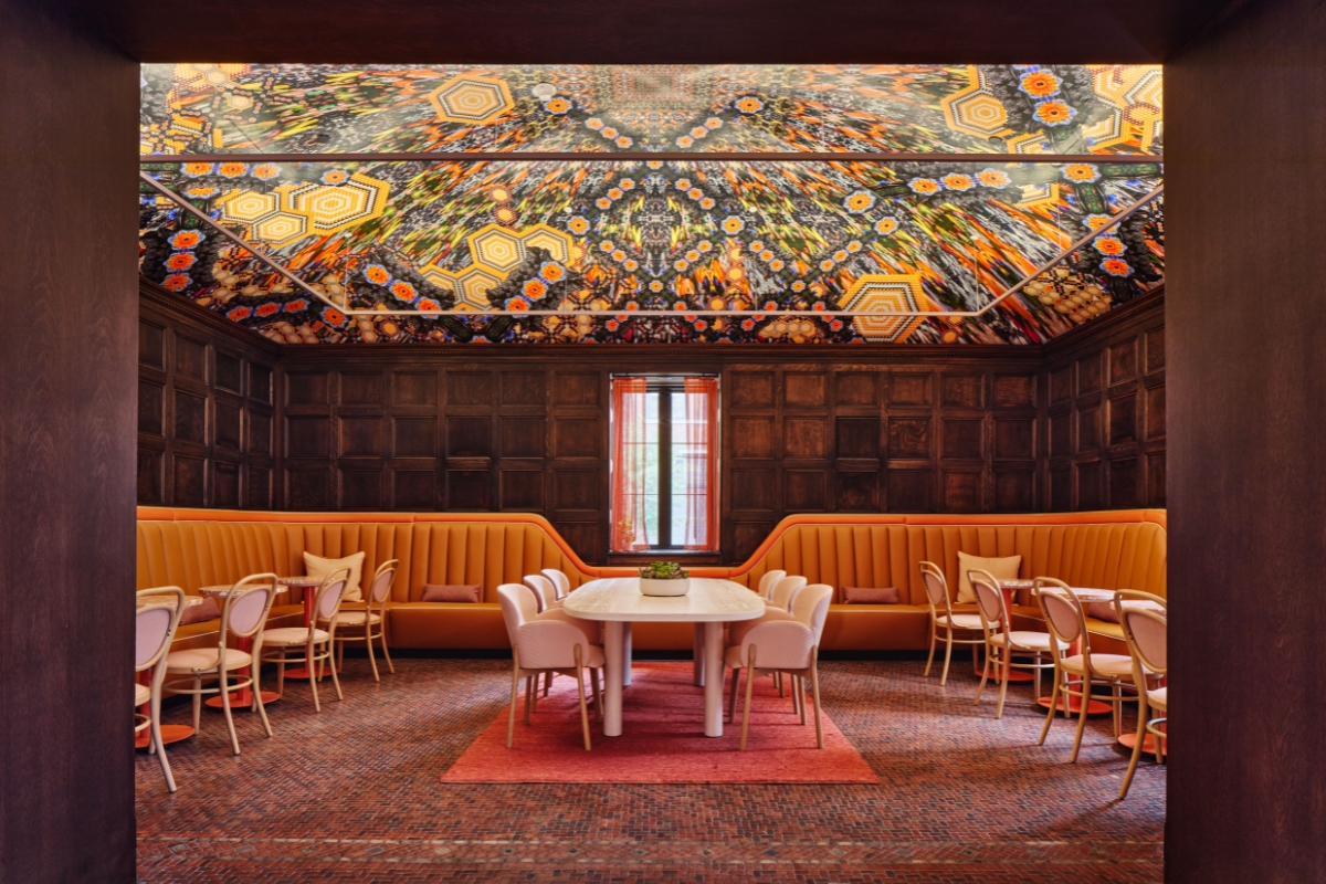 a room with a table and chairs