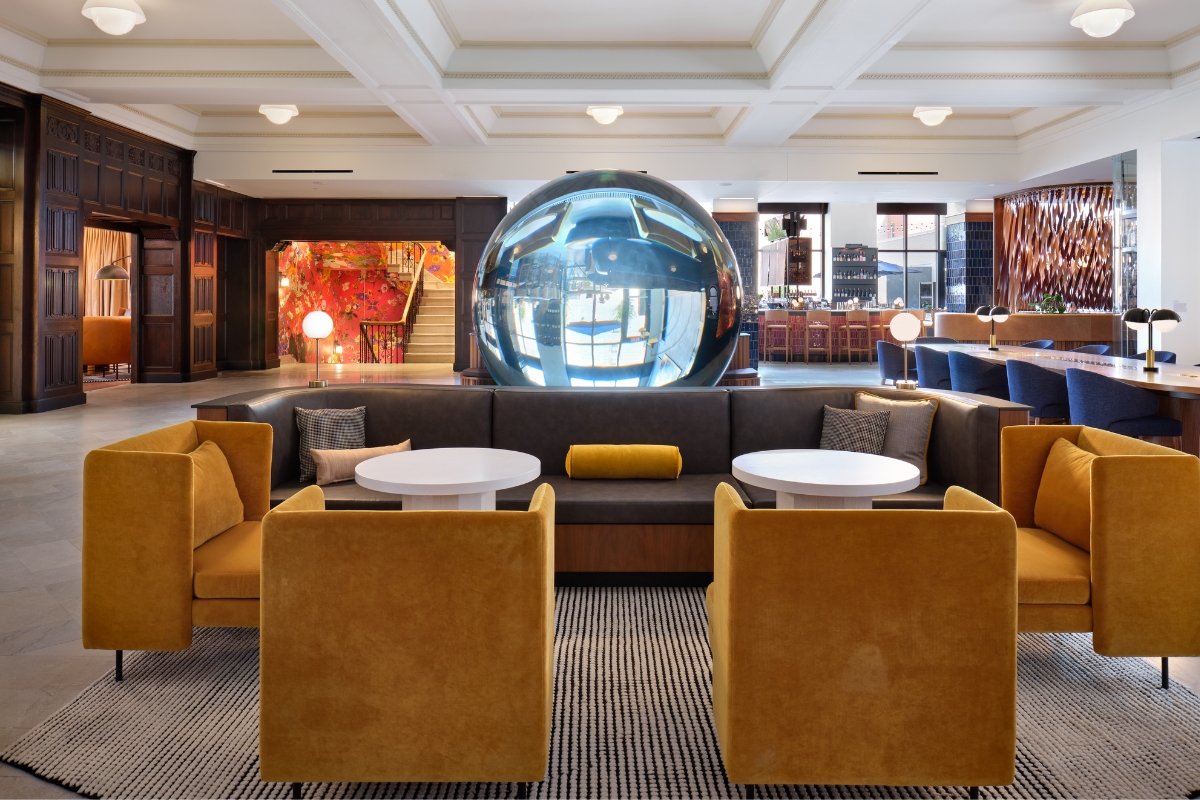 a room with a large mirror ball