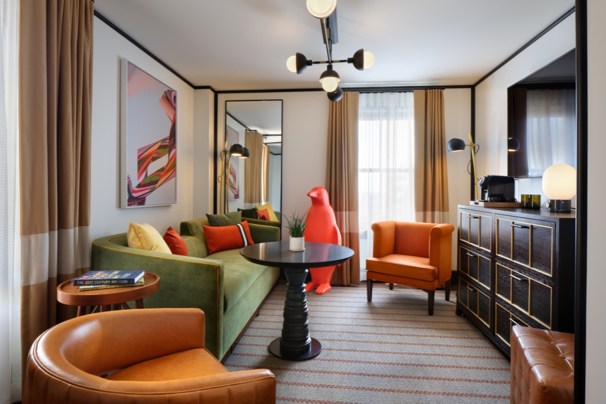 a room with a couch and a table