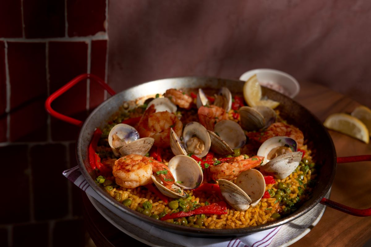 a pan of seafood paella