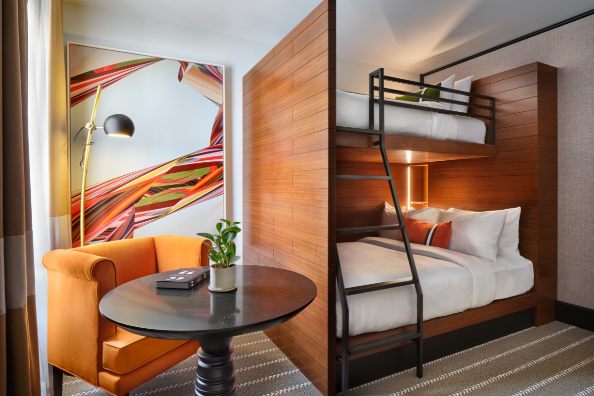 a room with a bed and a table