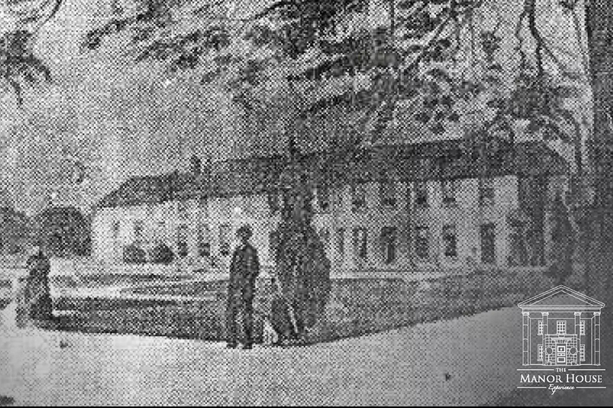 a man and a dog standing in front of a building