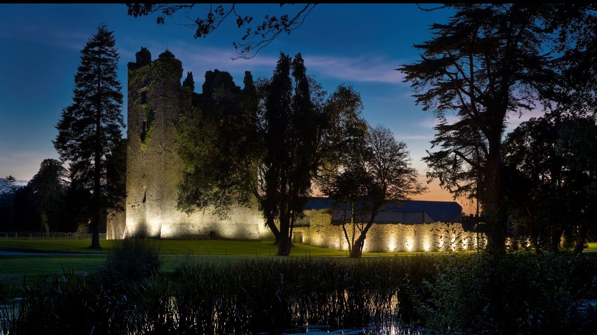 a stone castle with trees and a pond at night