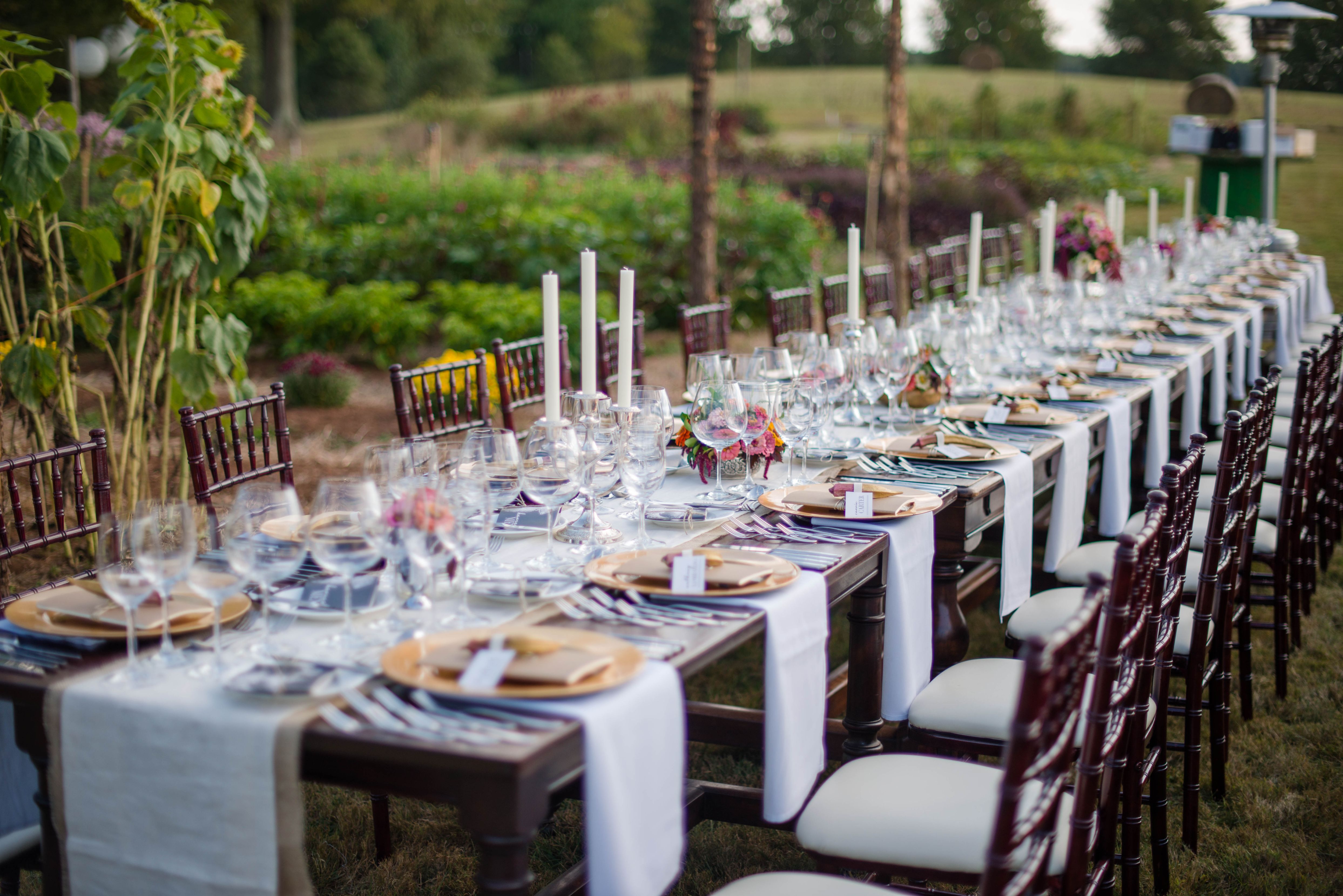 a long table set for a dinner party