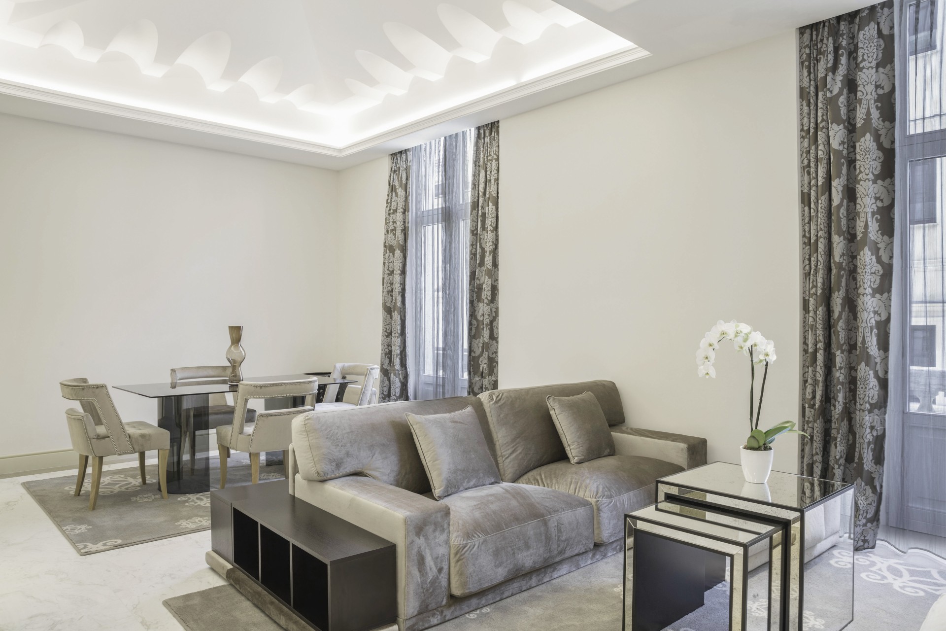 a living room with a couch and a table