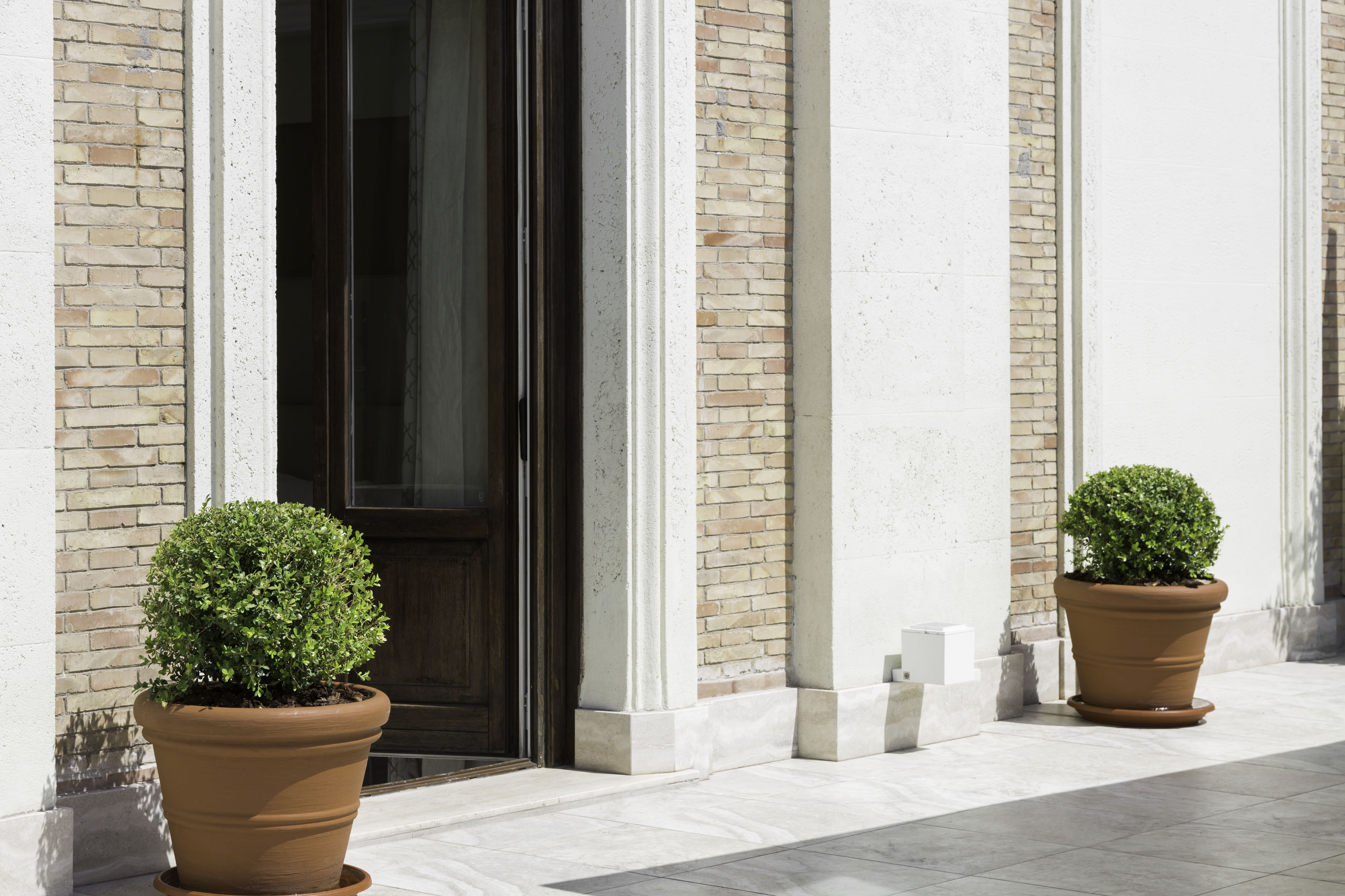 a building with potted plants