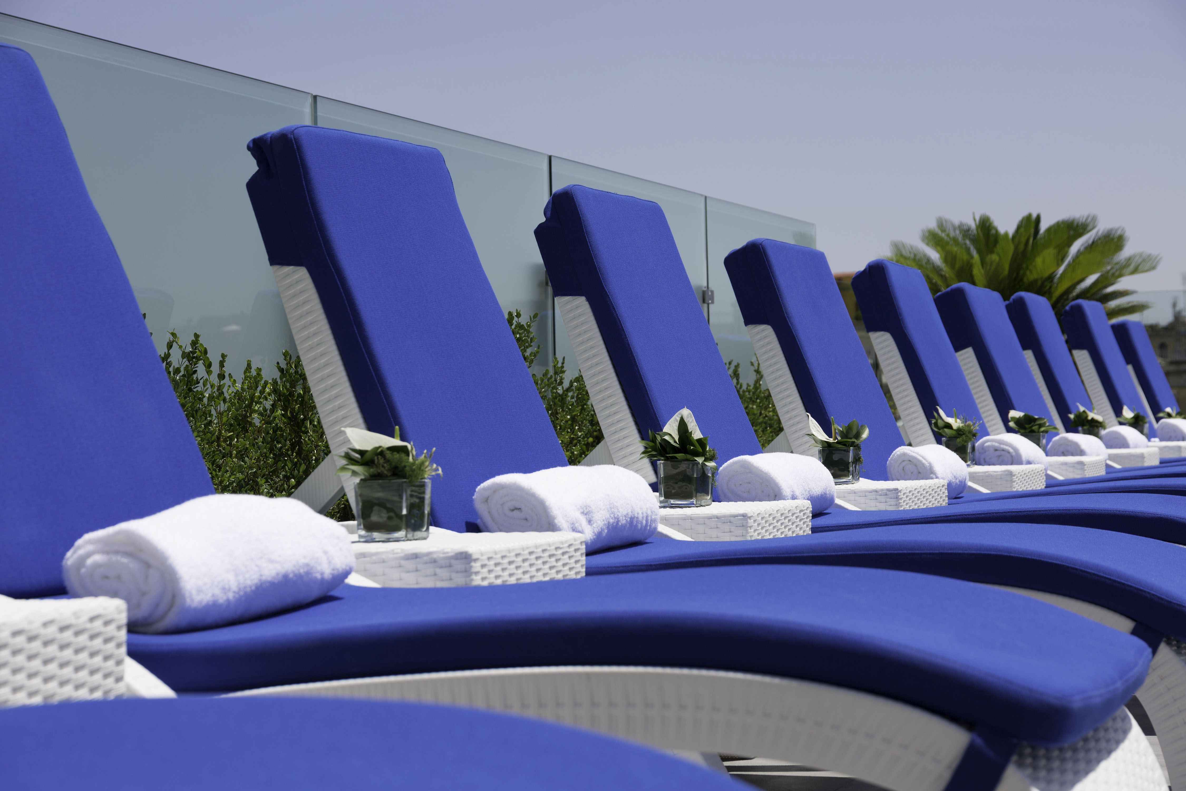 a row of blue lounge chairs