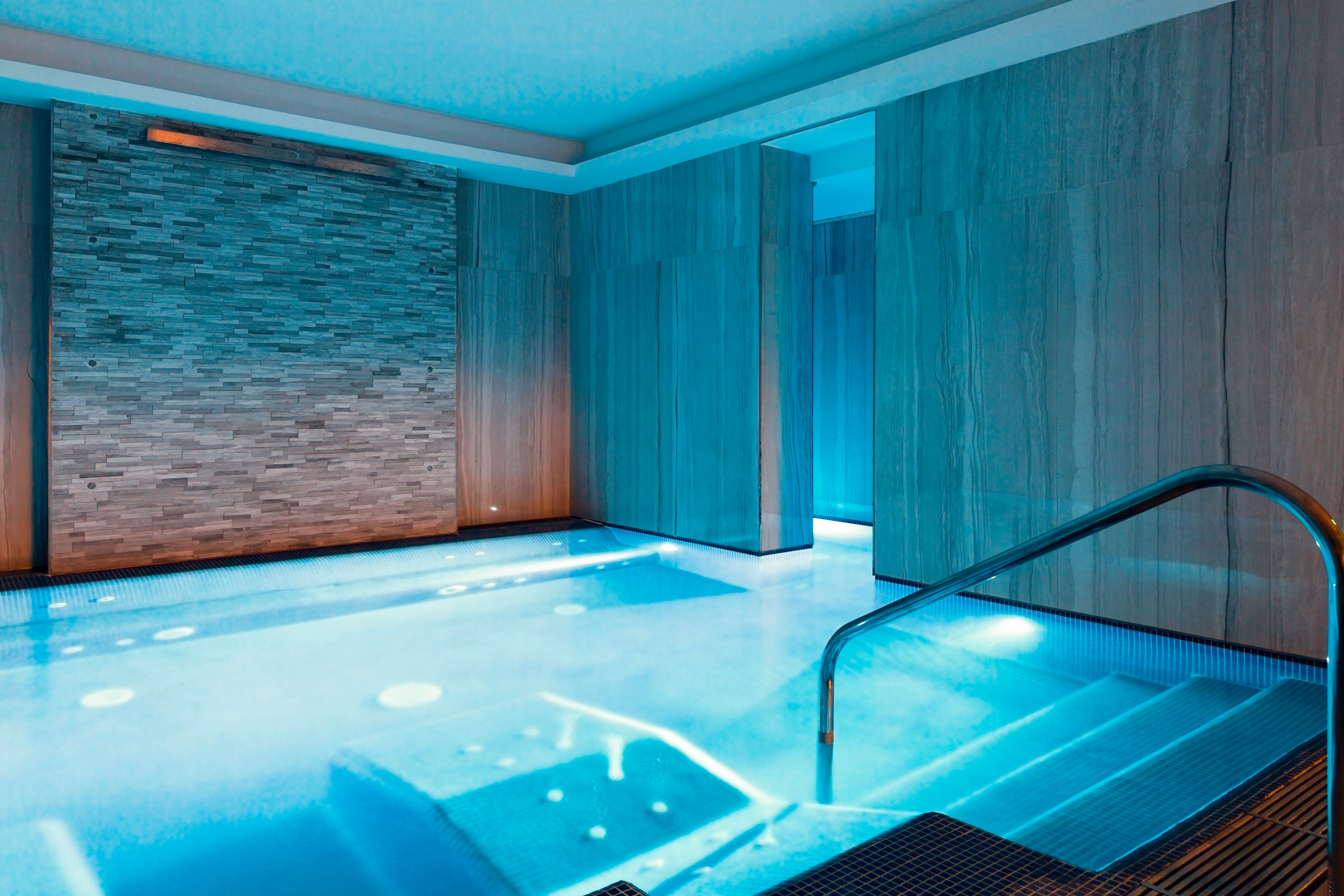 a indoor pool with a staircase
