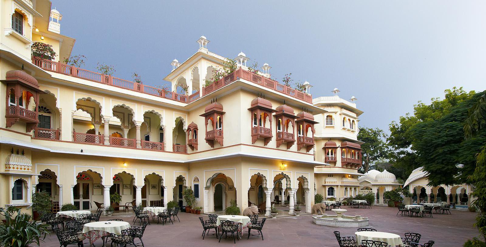 a building with tables and chairs