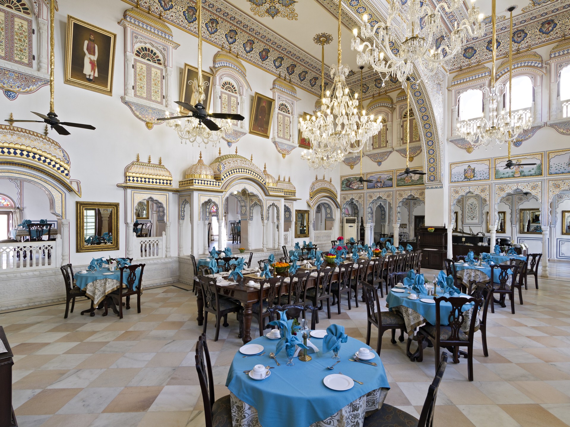 a room with tables and chairs