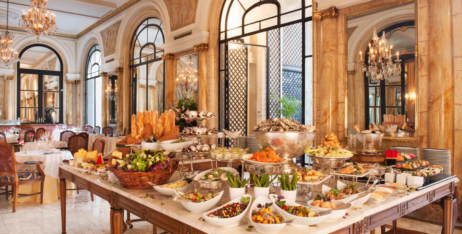 a buffet table full of food