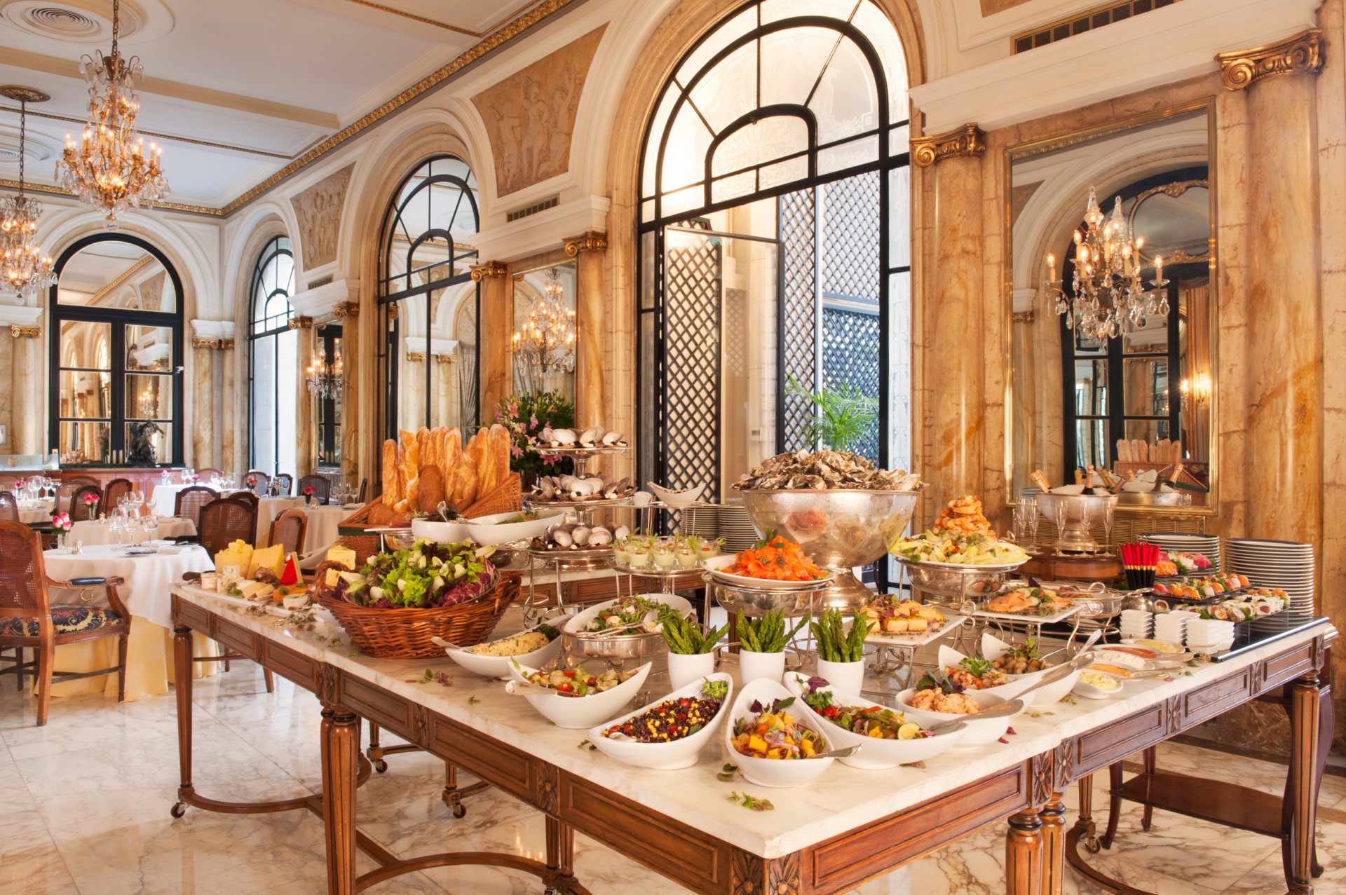 a buffet table with food on it