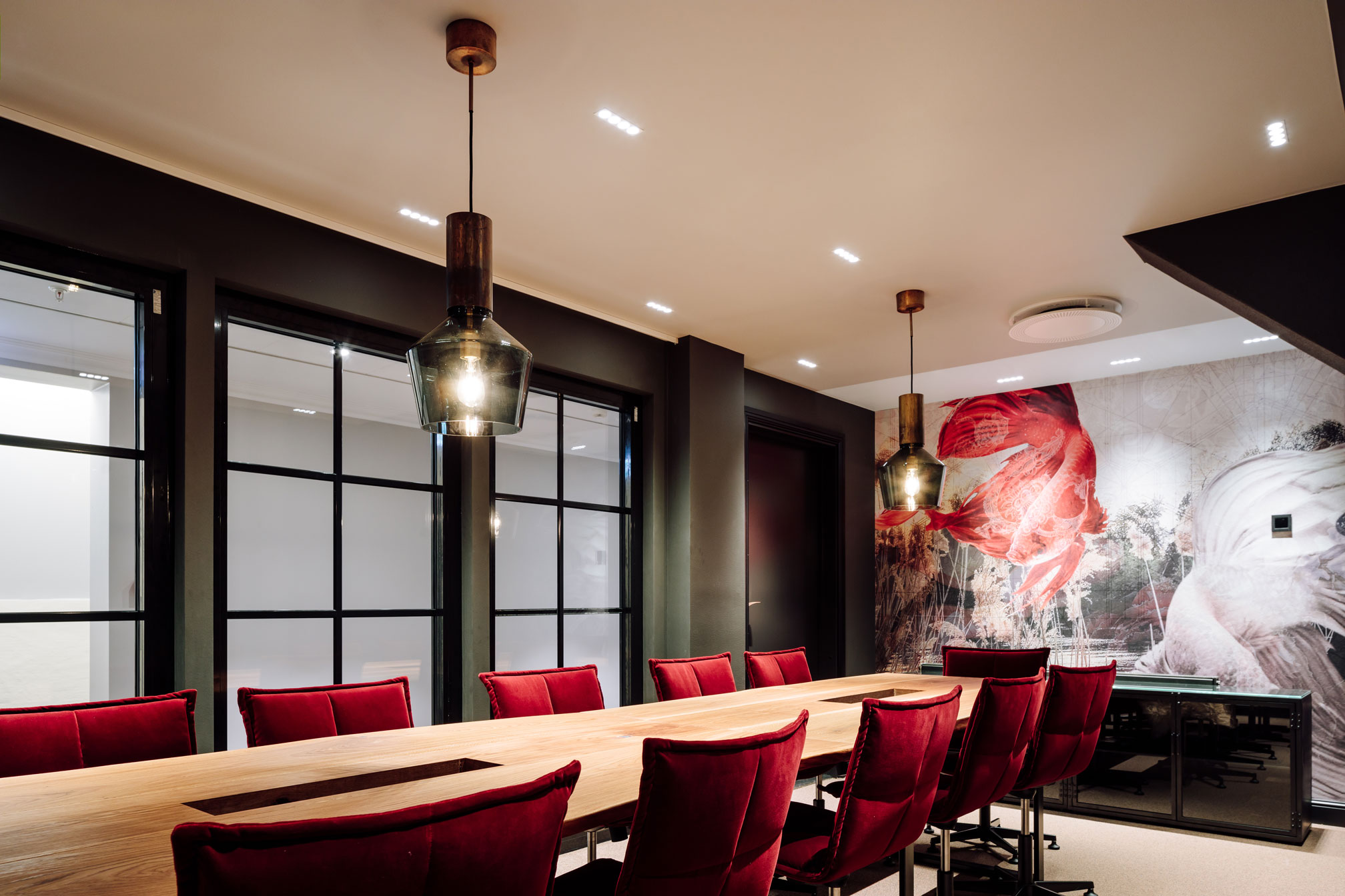 a room with a table and chairs