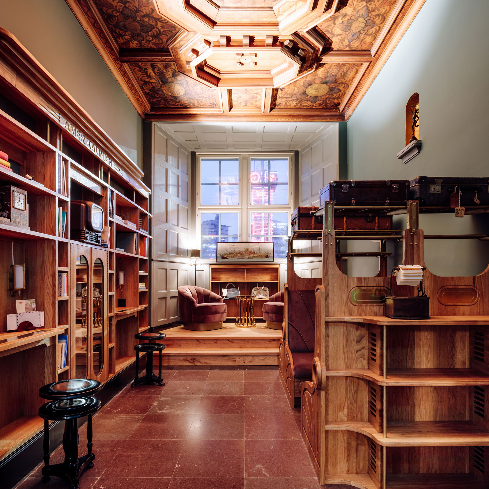 a room with shelves and a couch