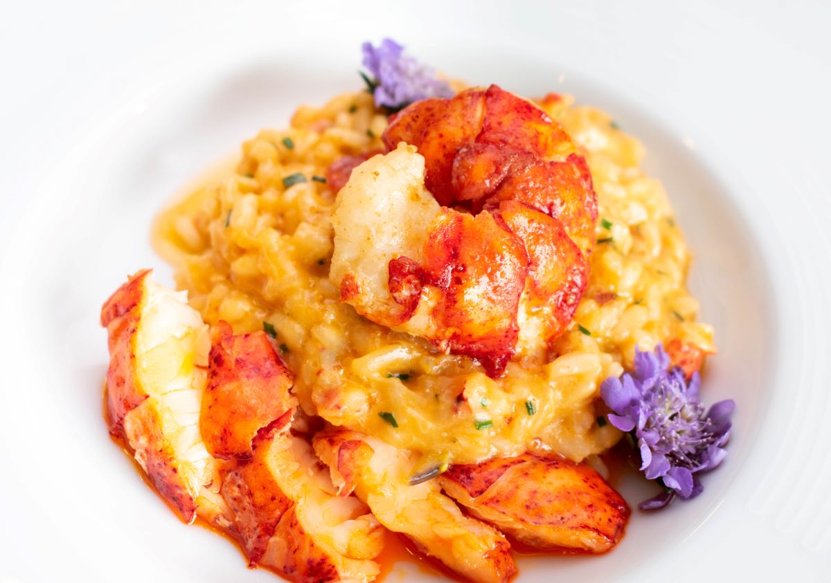 a plate of food with flowers