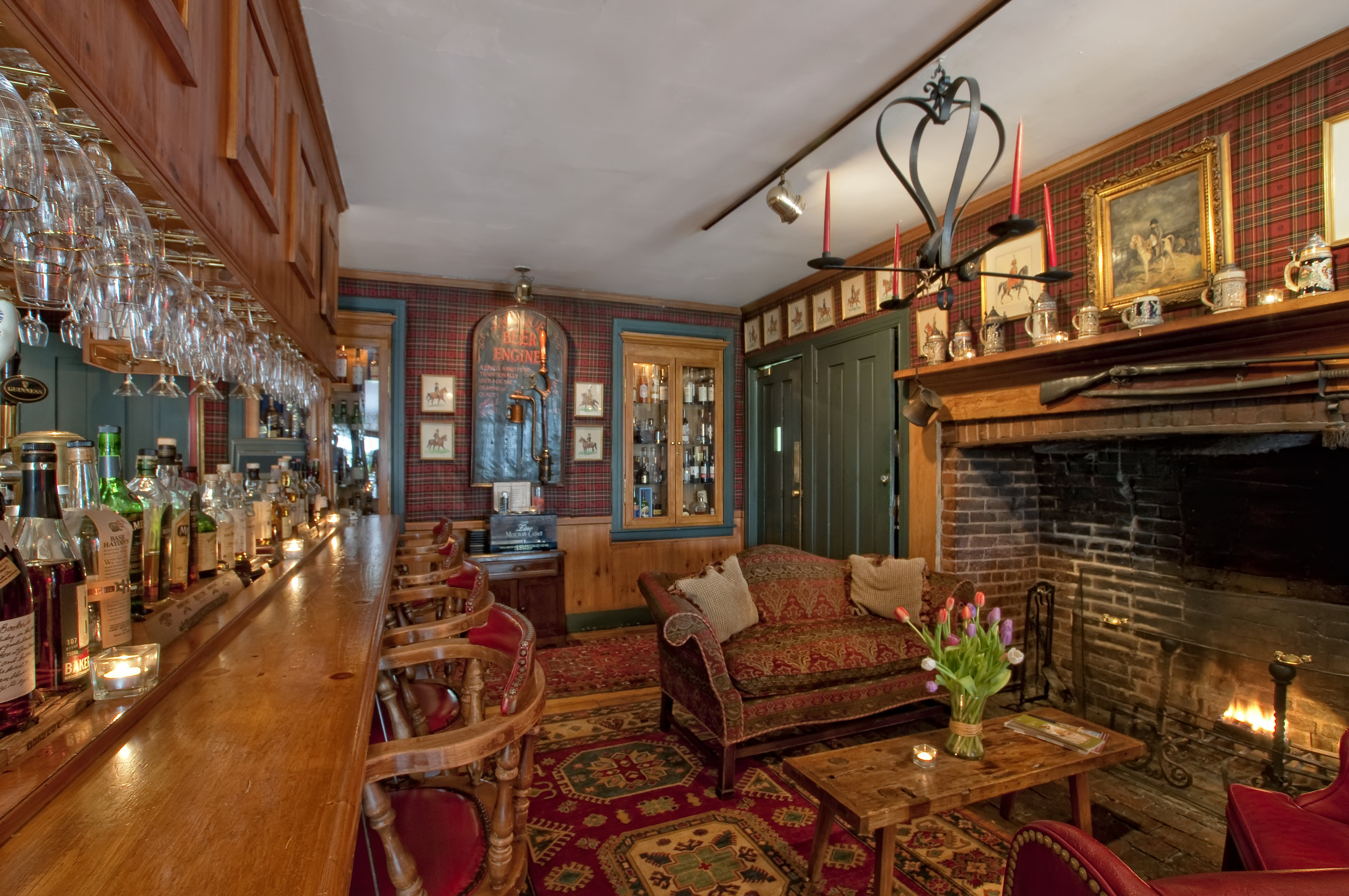 a room with a fireplace and a couch