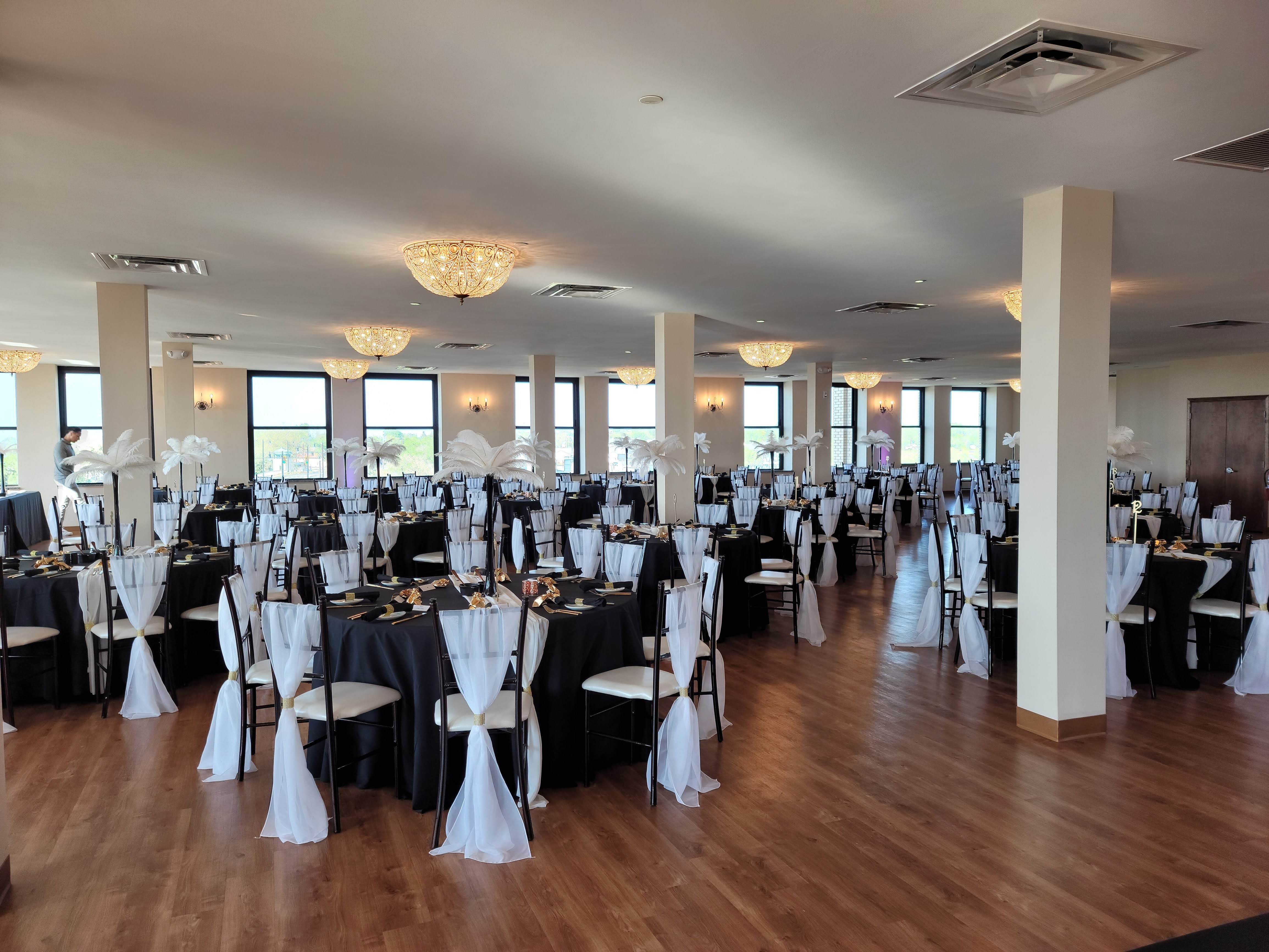 a room with tables and chairs