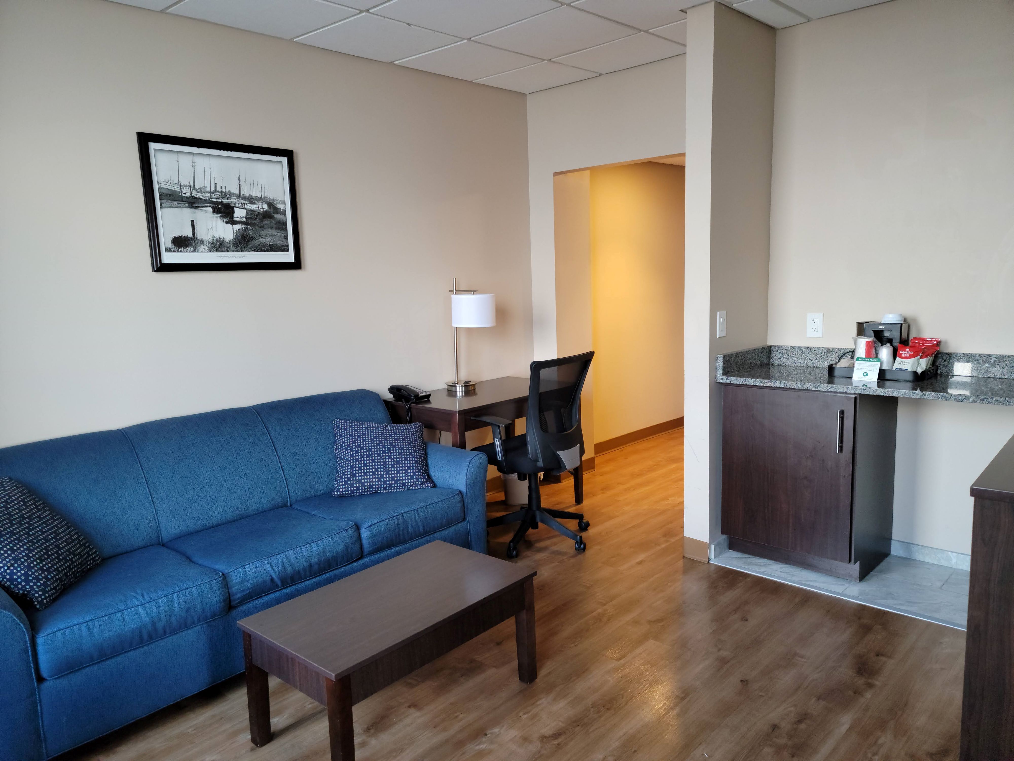 a room with a couch and a table