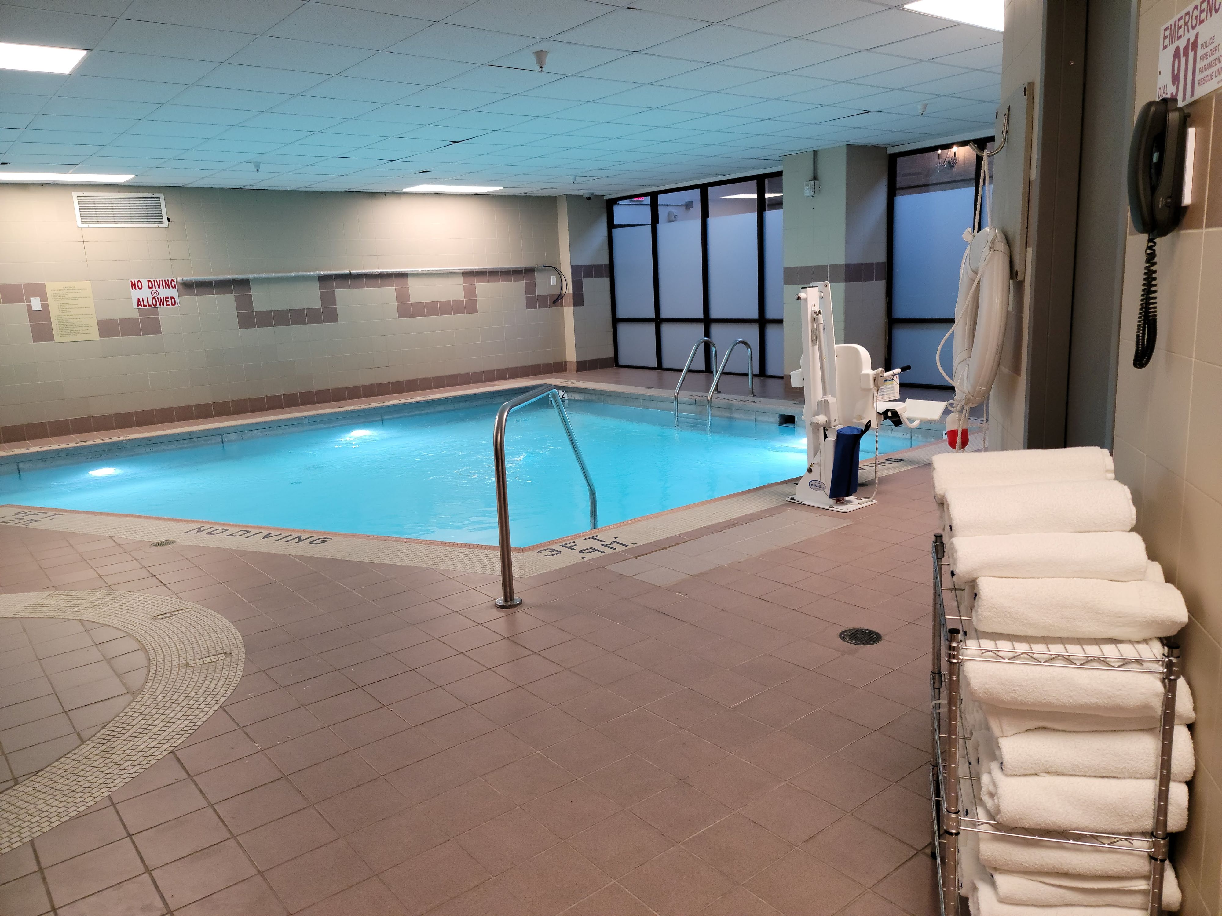 a swimming pool inside a building