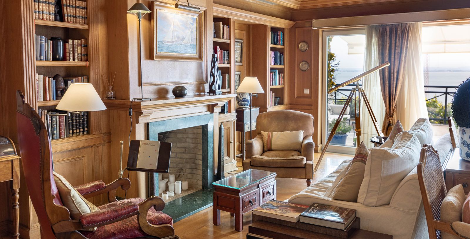 a living room with a fireplace and a fireplace