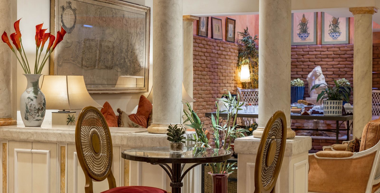 a room with a table and chairs