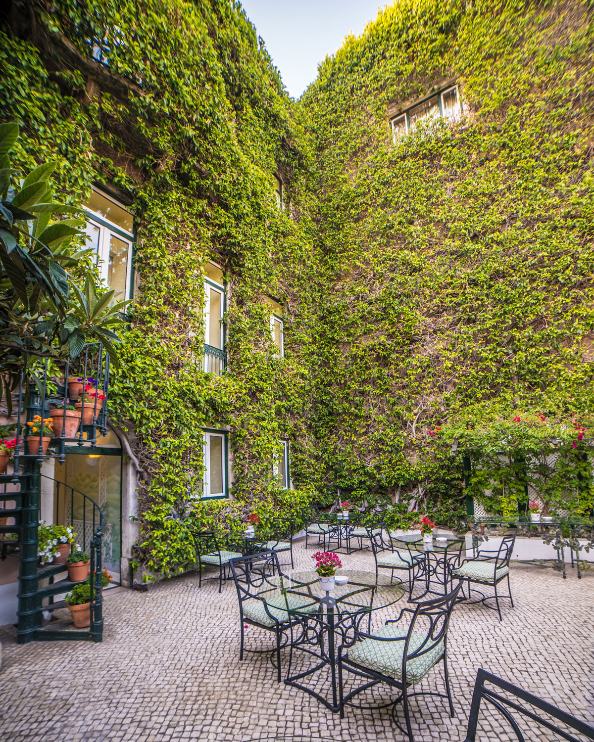 a patio with chairs and tables covered in ivy