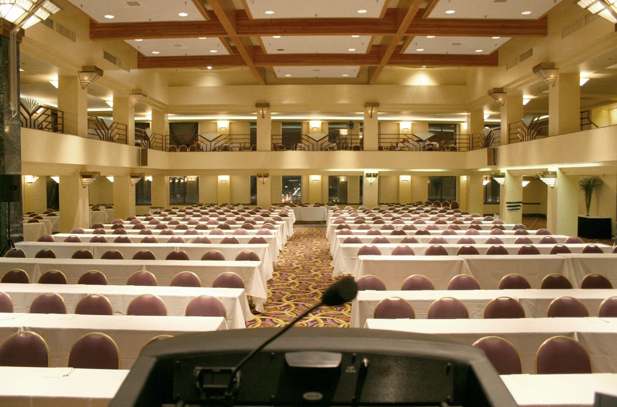 a room with tables and chairs