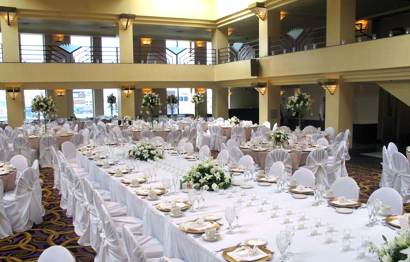 a large room with tables set up