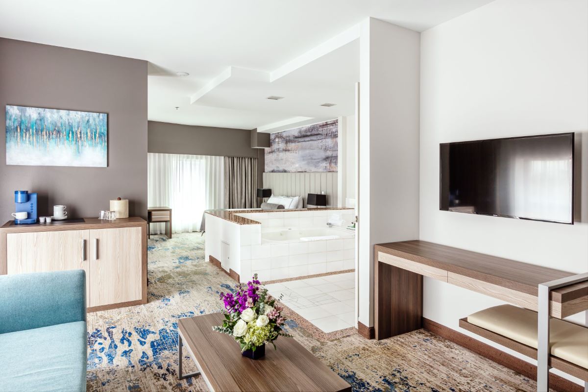 a room with a television and a bathtub