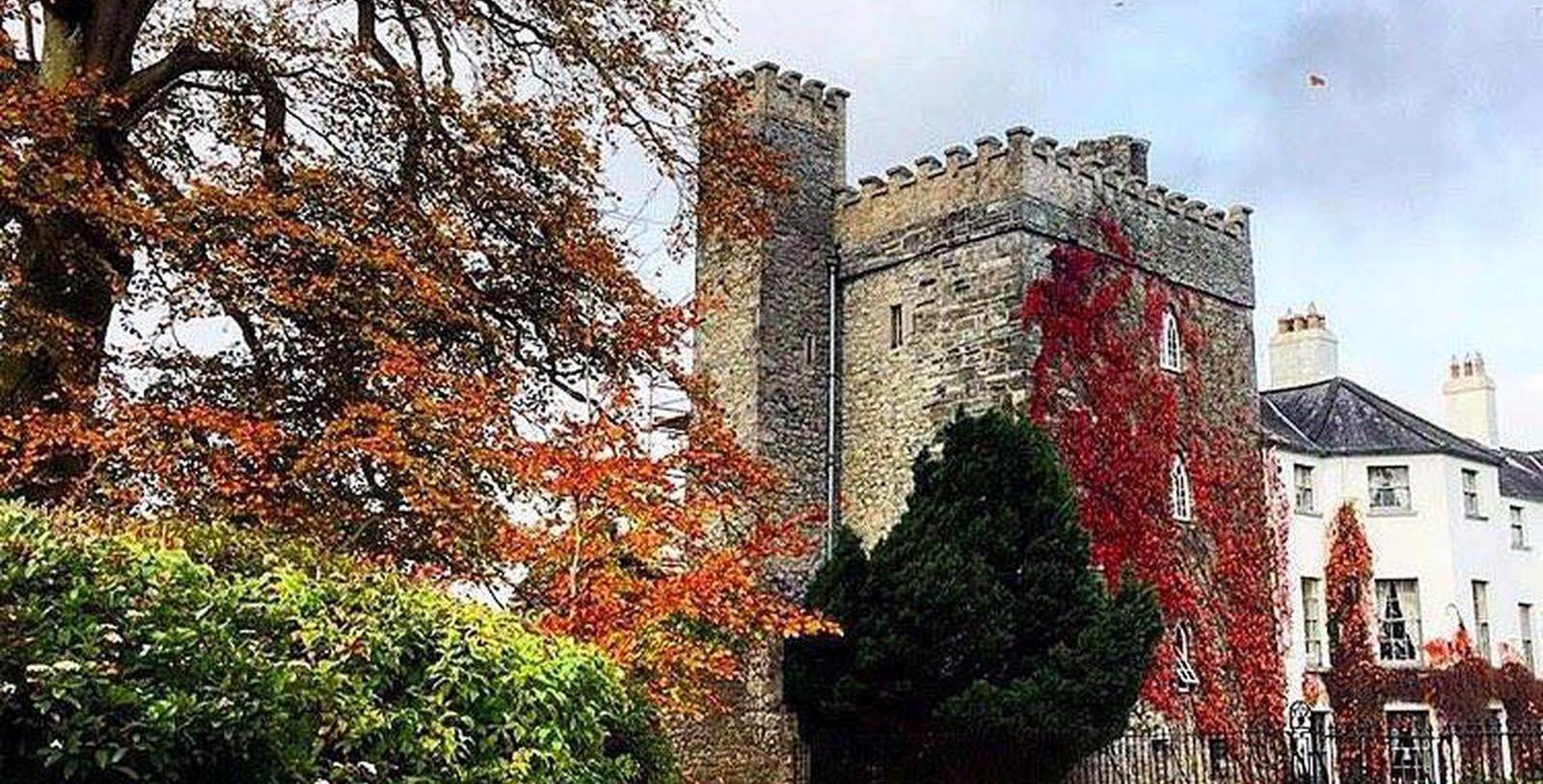 a stone castle with red leaves on the side