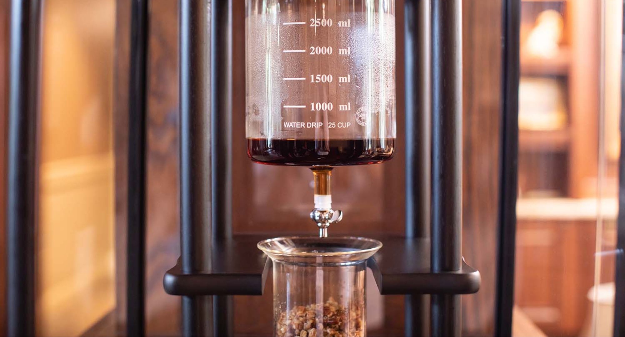 a liquid in a glass container