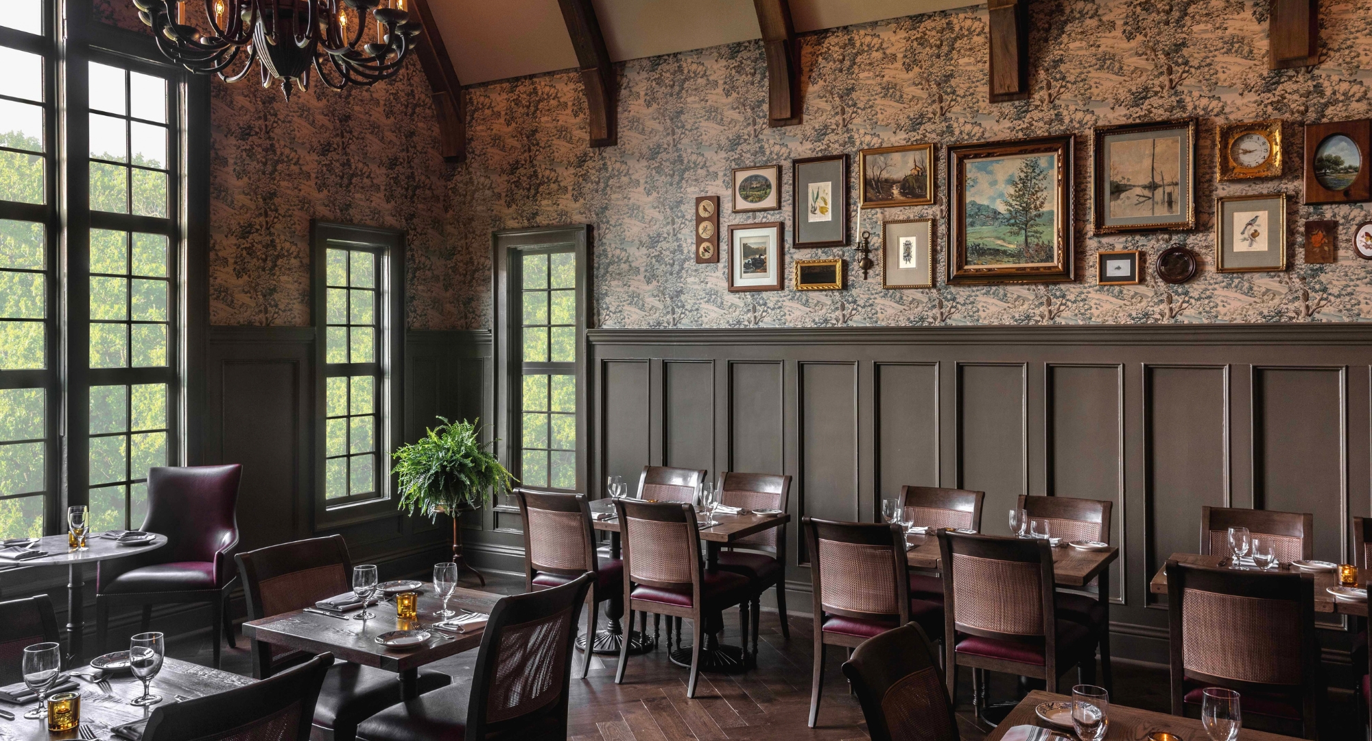 a room with tables and chairs