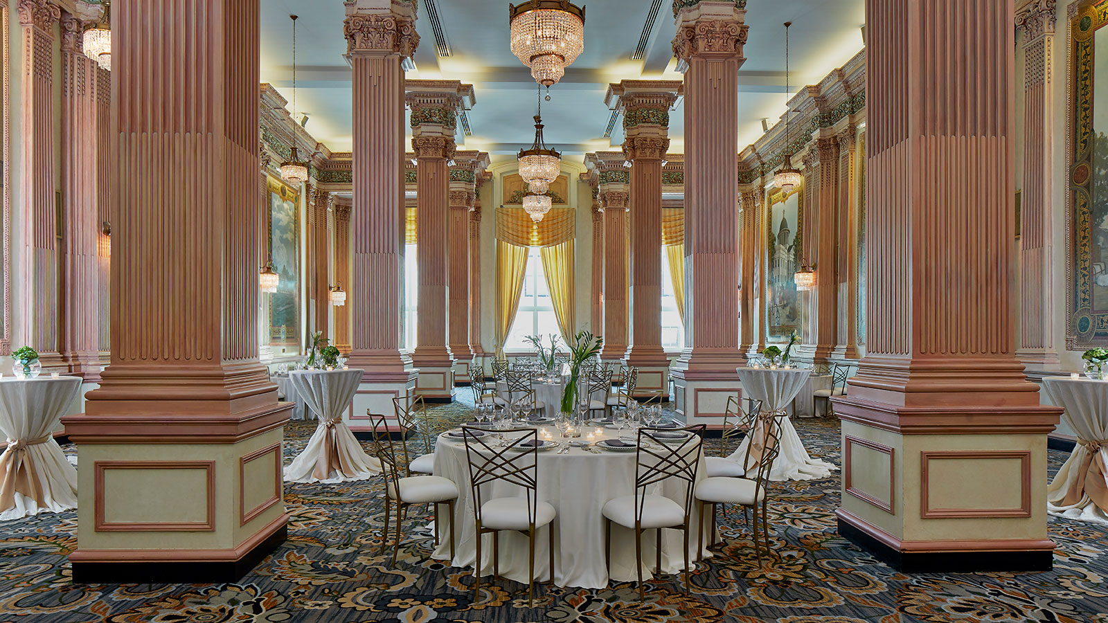 a room with tables and chairs