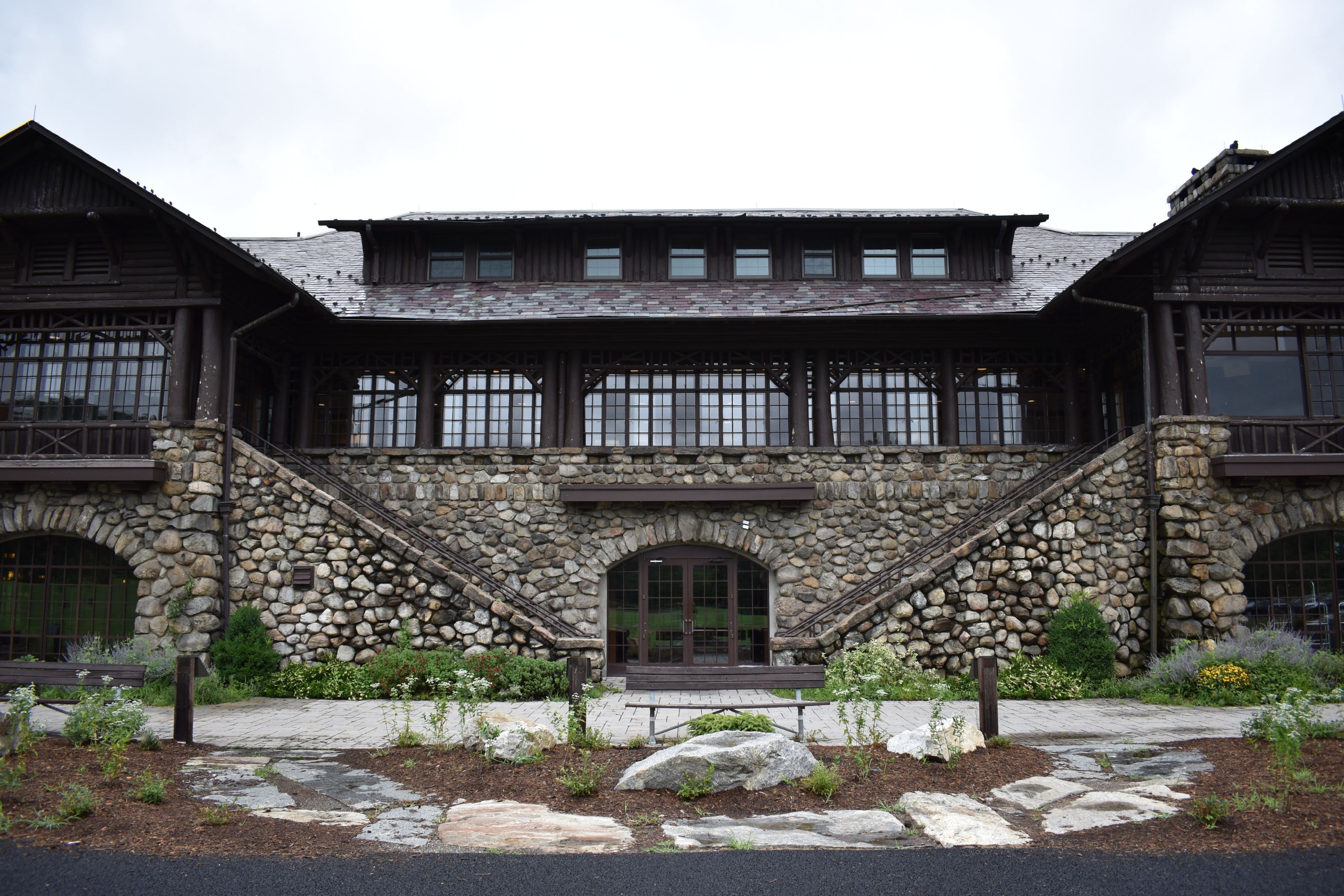 a building with a stone wall