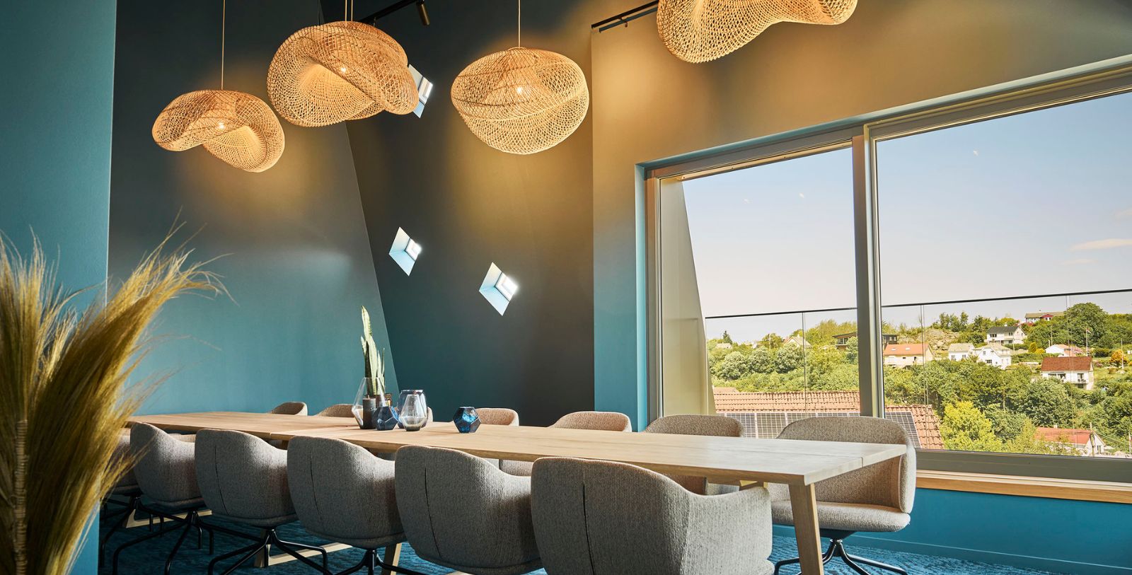 a room with a table and chairs