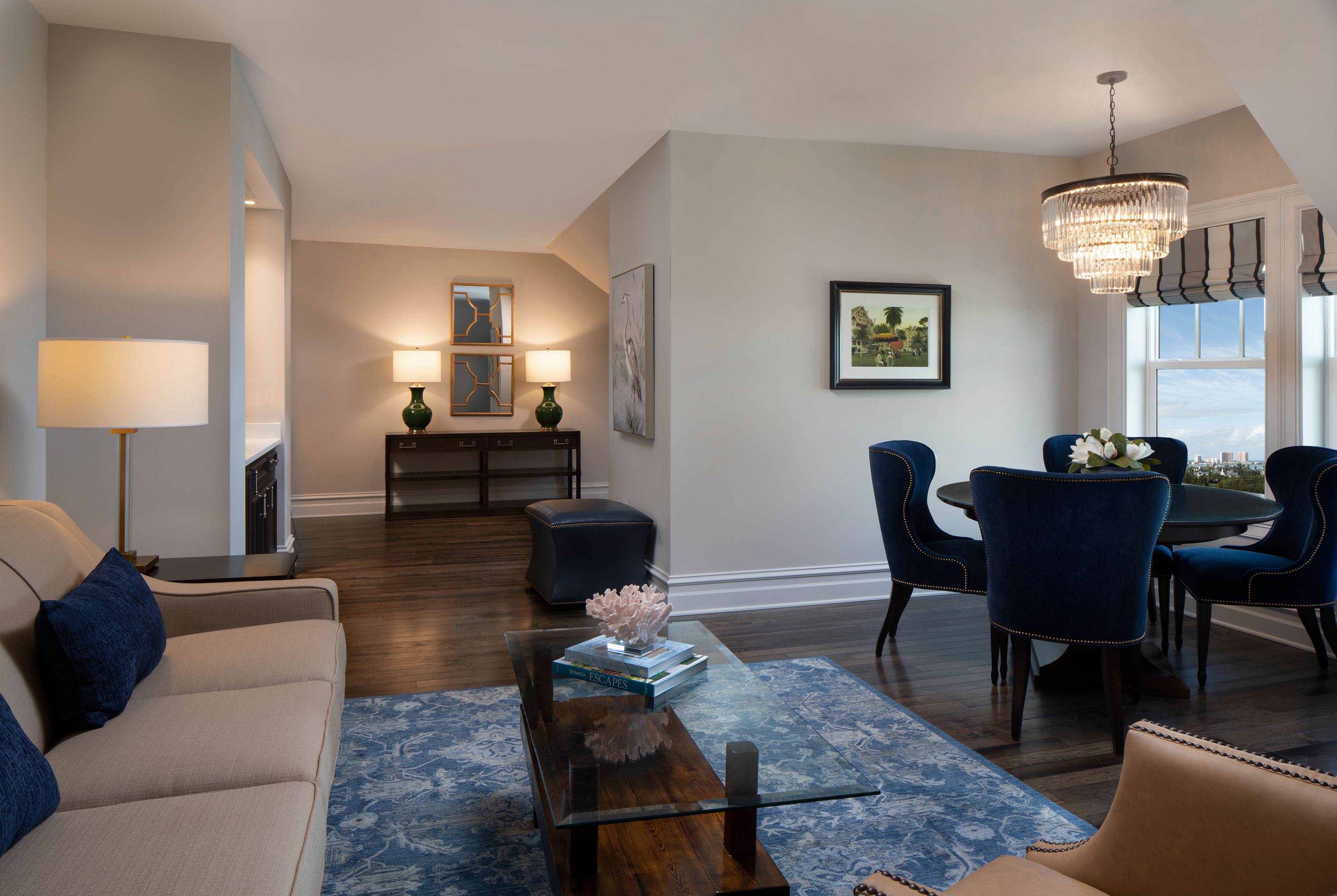 a living room with a couch and a table