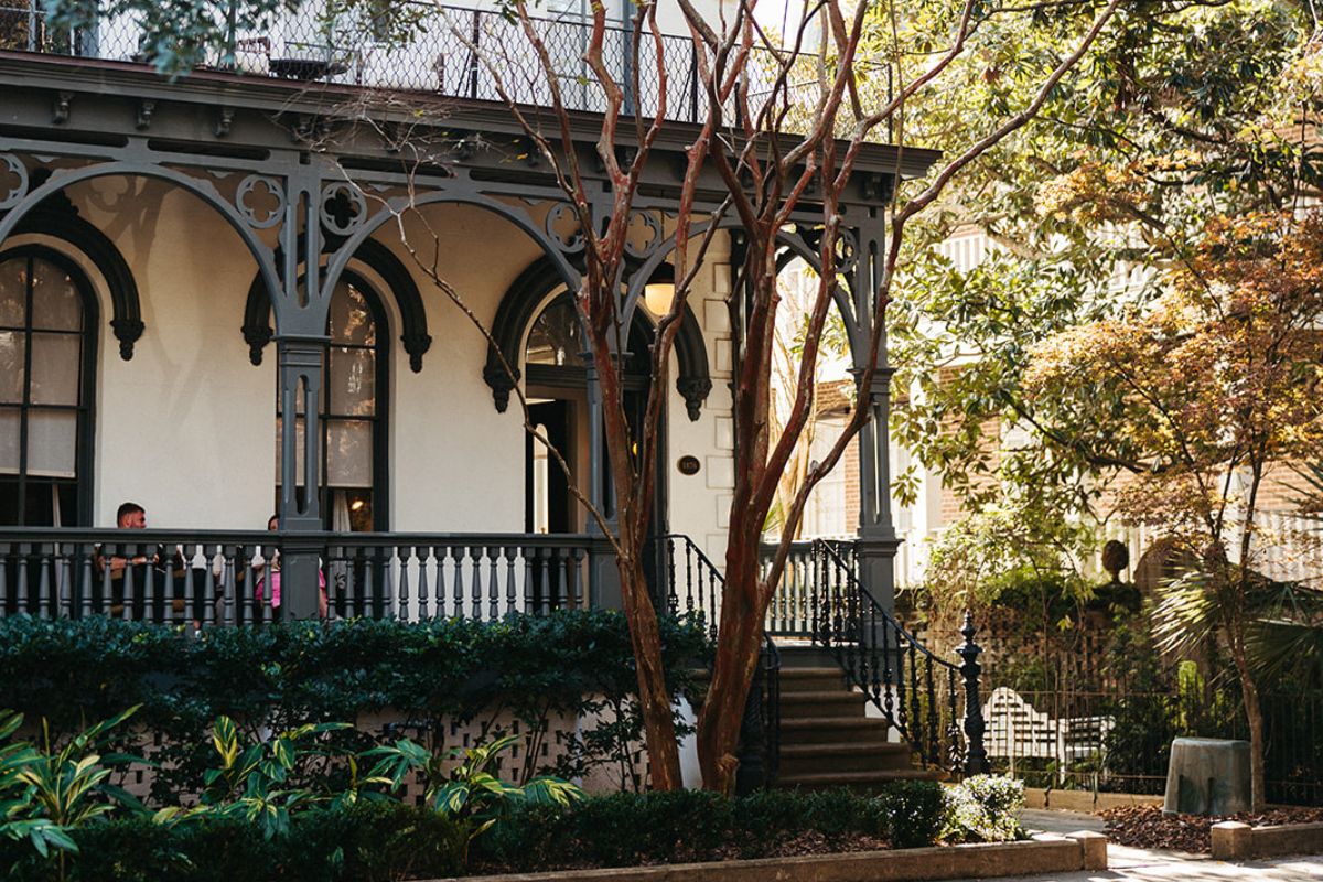 a house with trees and bushes