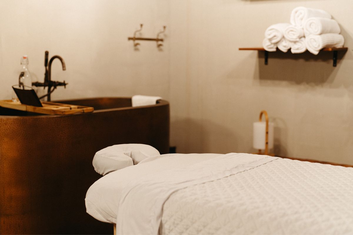 a massage table in a room