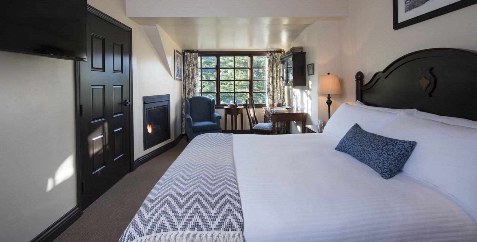 a room with a bed and a fireplace