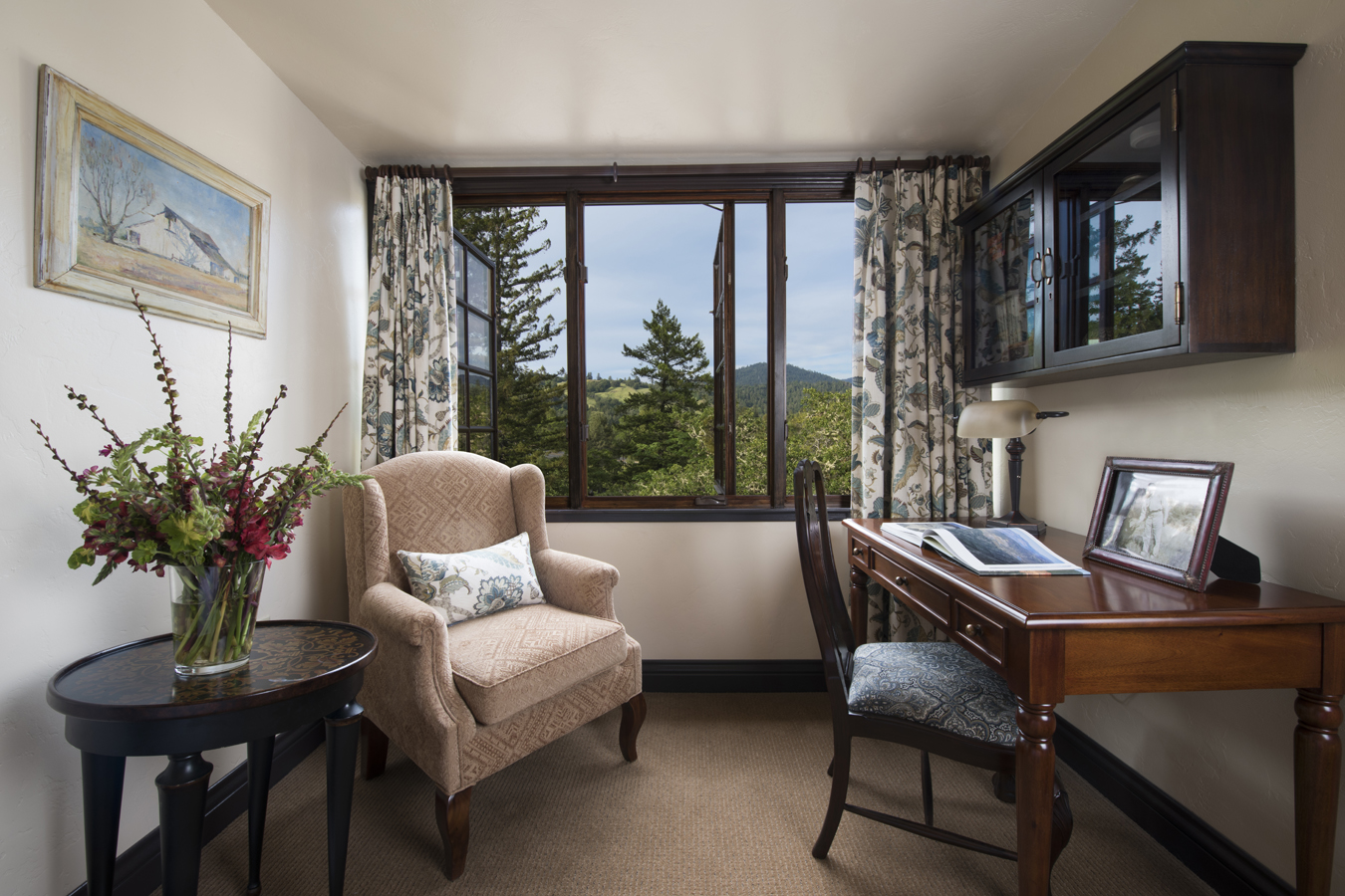 a room with a desk and chair