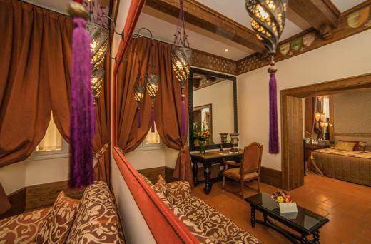 a room with a mirror and a table
